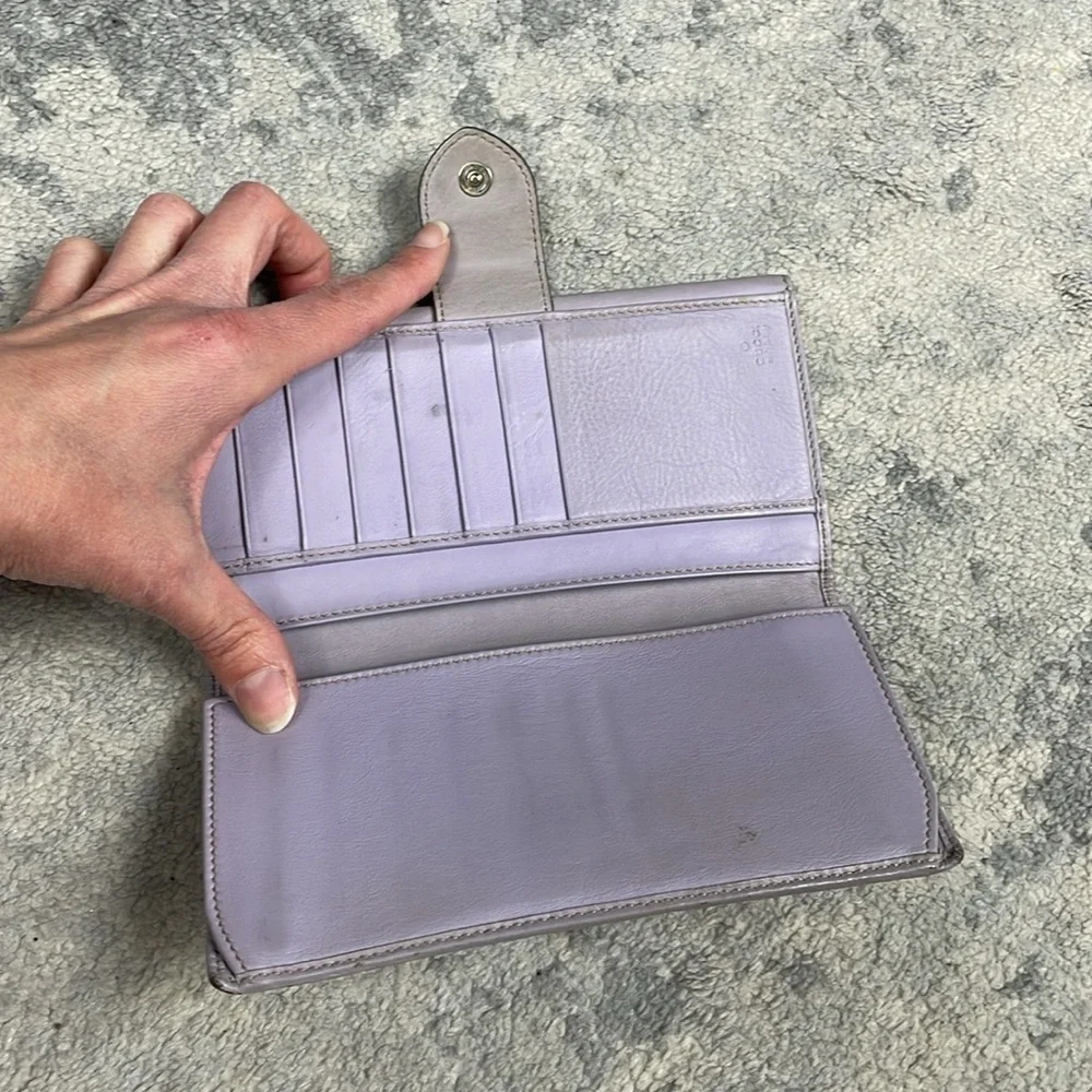 Gucci Monogram GG Long Wallet Double Sided Tan Lilac Heart Clasp